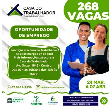 Confira as oportunidades de emprego na casa do trabalhador de Chapadão do Sul