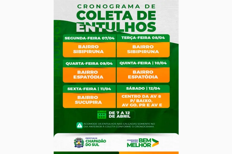 Atenção ao cronograma de coleta de entulhos em Chapadão do Sul: 7 a 12 de abril