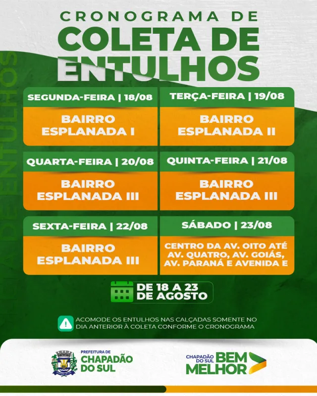Atenção ao cronograma de coleta de entulhos: 18 a 23 de agosto