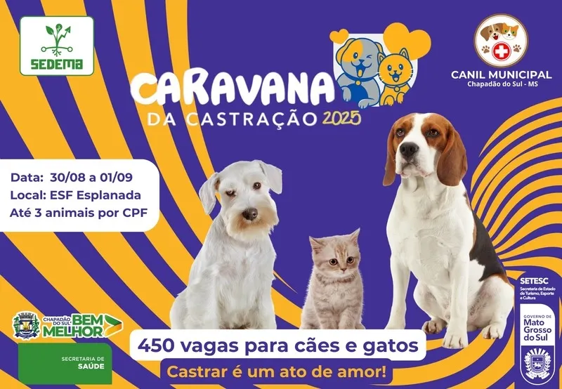 Chapadão do Sul recebe Caravana da Castração: 450 vagas gratuitas para cães e gatos