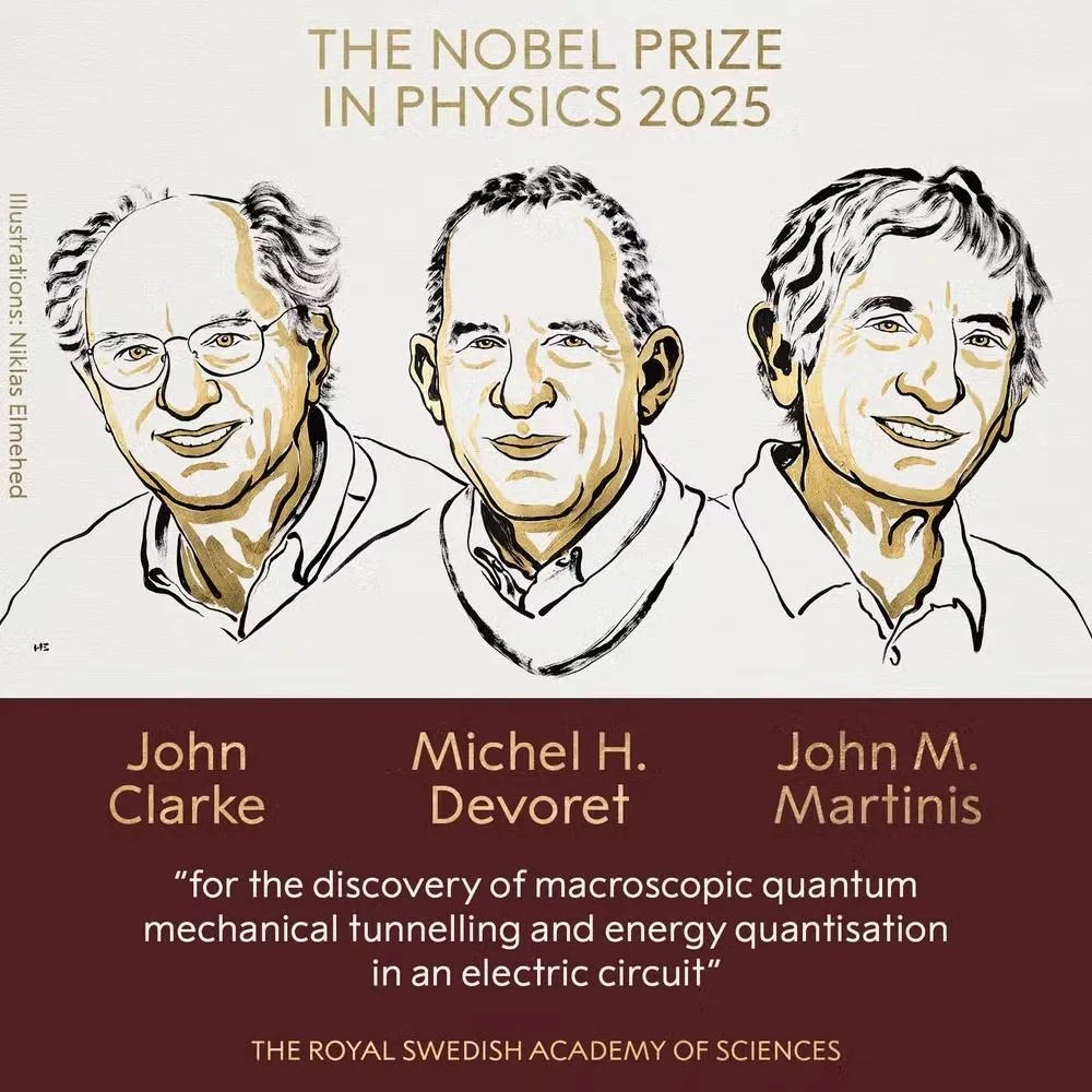 Nobel de Física 2025 vai para John Clarke, Michel H. Devoret e John M. Martinis pela descoberta de túnel quântico macroscópico e da quantização de energia em circuitos elétricos