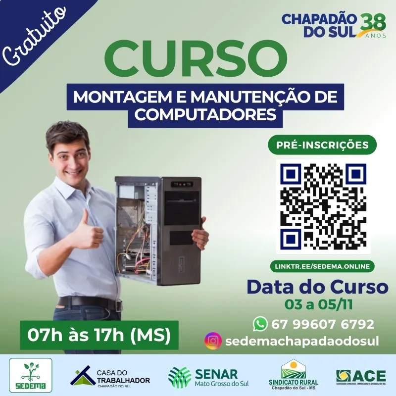 Curso de Montagem e Manutenção de Computadores oferece 10 vagas em Chapadão do Sul