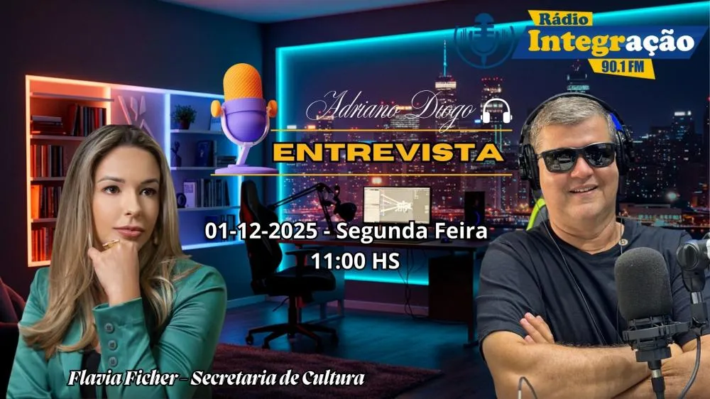 Flavia Ficher,secretaria de cultura no Jornal Destakinews no quadro ‘’ Adriano Diogo Entrevista ‘’