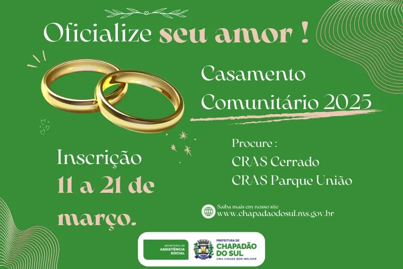Oficialize seu amor: Casais podem se inscrever para o Casamento Comunitário em Chapadão do Sul