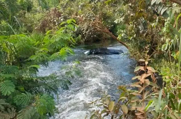 Carro cai no Rio Água Amarela e fica quase totalmente submerso