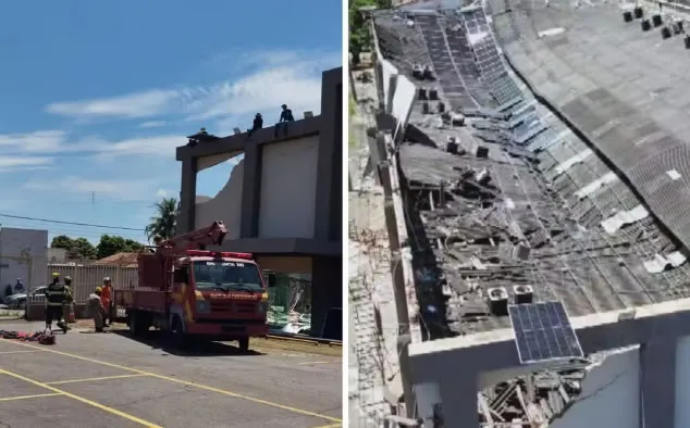 Teto de igreja cede enquanto trabalhadores instalavam placas solares em Goiânia